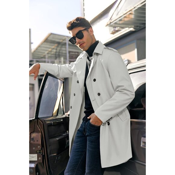 ✨ Men's Grey Mid Long Trench Coats Slim Fit Winter Pea Coats Single Overcoats - Picture 2 of 5